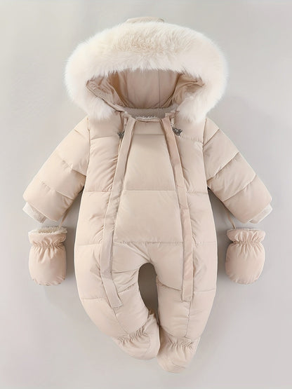Frosty Baby Romper Gewatteerd Polyester Katoen Capuchon Winter Baby Jumpsuit Faux Bont Handwarmers Buiten