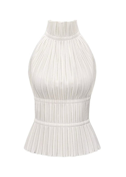 Witte Vrouwentop met Plissé en Ruffles Racerneck