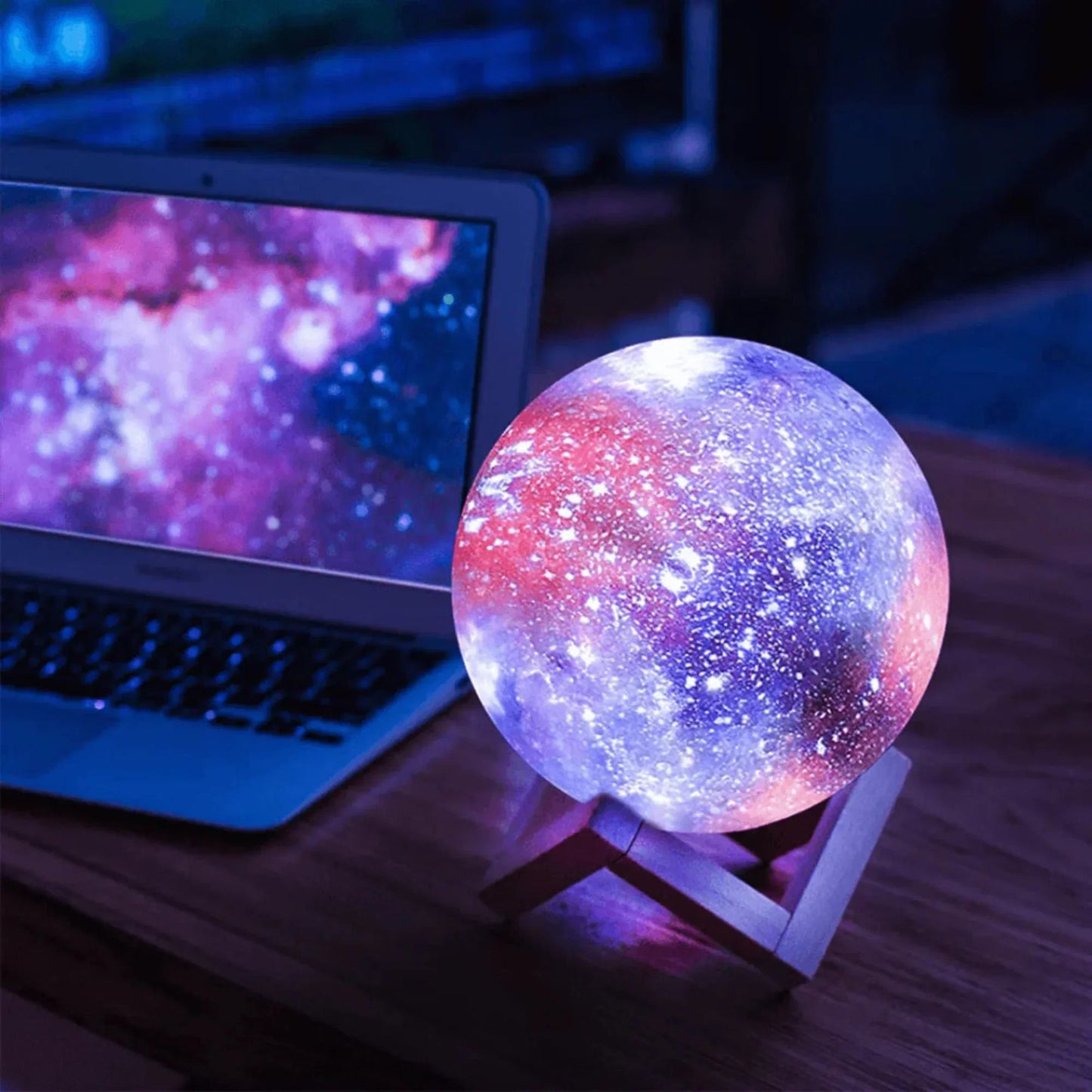 3D Galaxie Maanlamp met Houten Standaard Draadloos Dimbaar Sfeerverlichting Nachtlampje Tafelverlichting 16 Kleuren LED