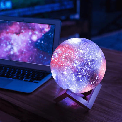 3D Galaxie Maanlamp met Houten Standaard Draadloos Dimbaar Sfeerverlichting Nachtlampje Tafelverlichting 16 Kleuren LED