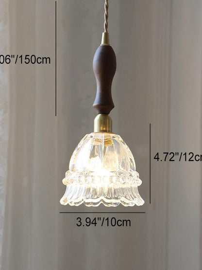 Franse Landelijke Hanglamp Glazen Kap Kwallen Design Transparant of Amber met Walnoot Greep Sfeerverlichting Eetkamer Elegante Plafondlamp