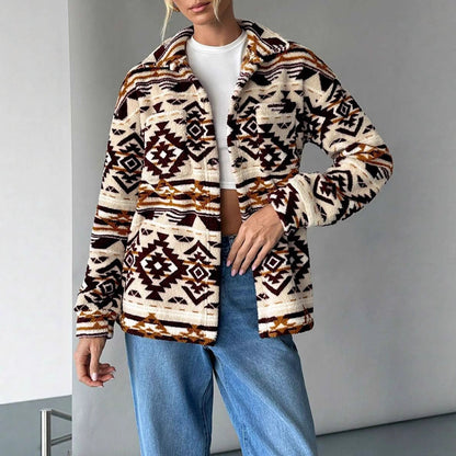 Dames Fleece Jas Warm Etnisch Print Trendy