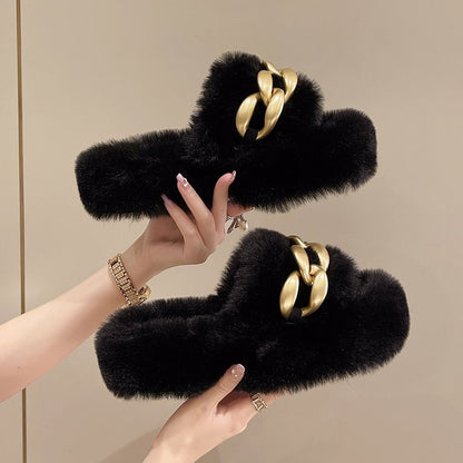 Dames Slippers Faux Fur Luxe met Ketting Detail