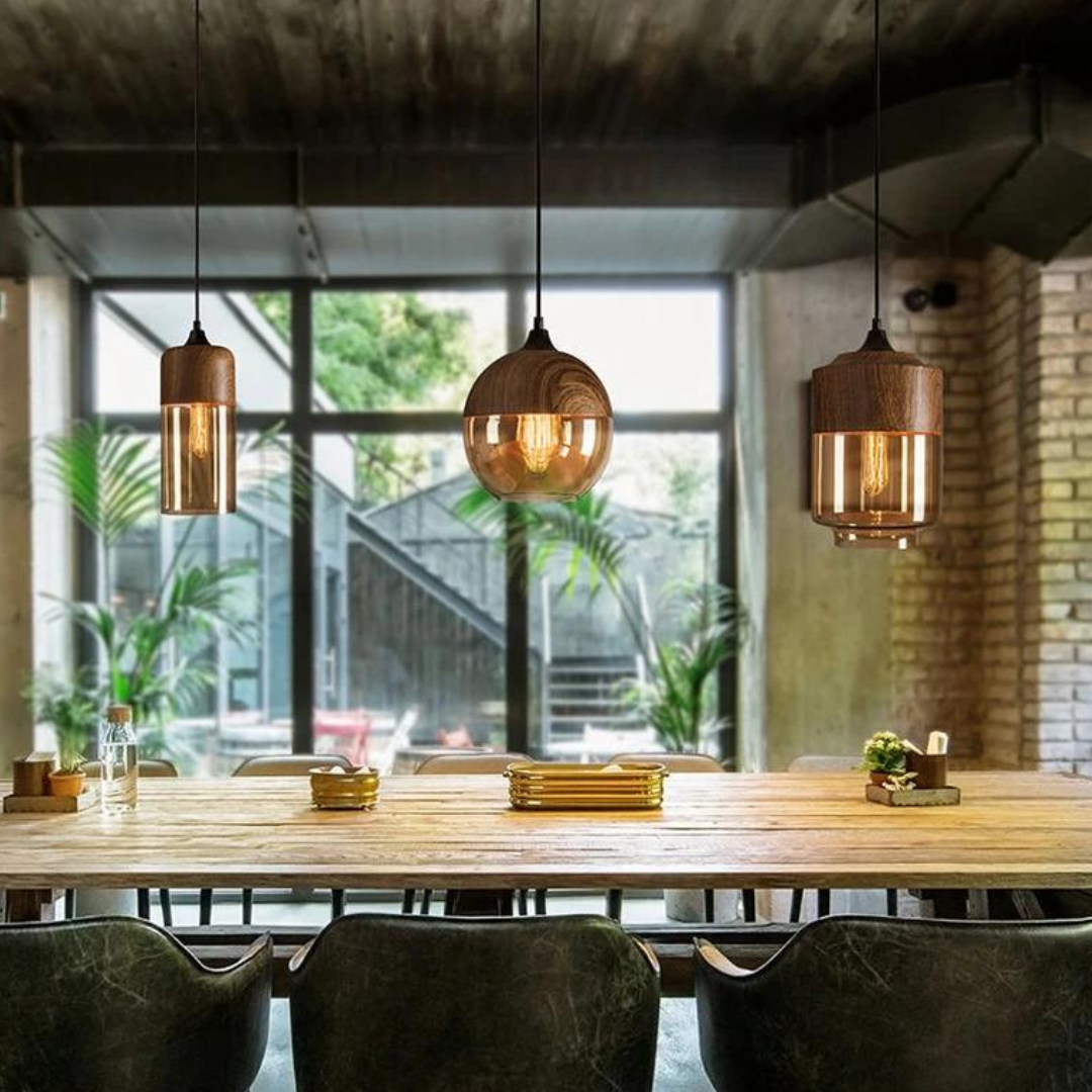 Scandinavische Hanglamp van Glas met Houtlook – Warme Designverlichting voor Woonkamer & Eetkamer