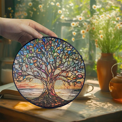 Handgemaakte Glas-in-Lood Levensboom Zonnevanger 15cm – Decoratieve Raamhanger met Symboliek