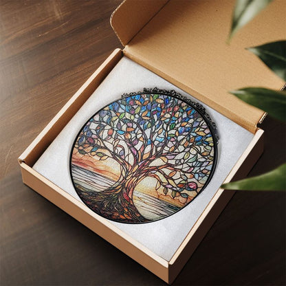 Handgemaakte Glas-in-Lood Levensboom Zonnevanger 15cm – Decoratieve Raamhanger met Symboliek
