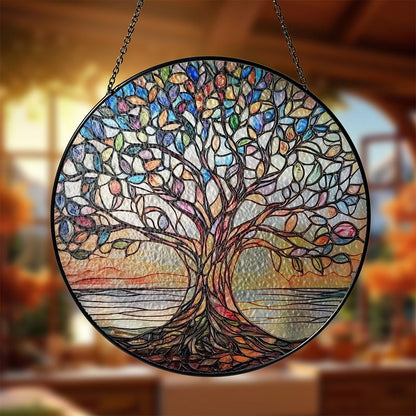 Handgemaakte Glas-in-Lood Levensboom Zonnevanger 15cm – Decoratieve Raamhanger met Symboliek