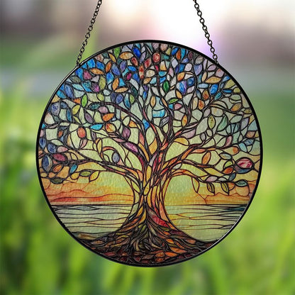 Handgemaakte Glas-in-Lood Levensboom Zonnevanger 15cm – Decoratieve Raamhanger met Symboliek
