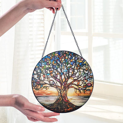 Handgemaakte Glas-in-Lood Levensboom Zonnevanger 15cm – Decoratieve Raamhanger met Symboliek