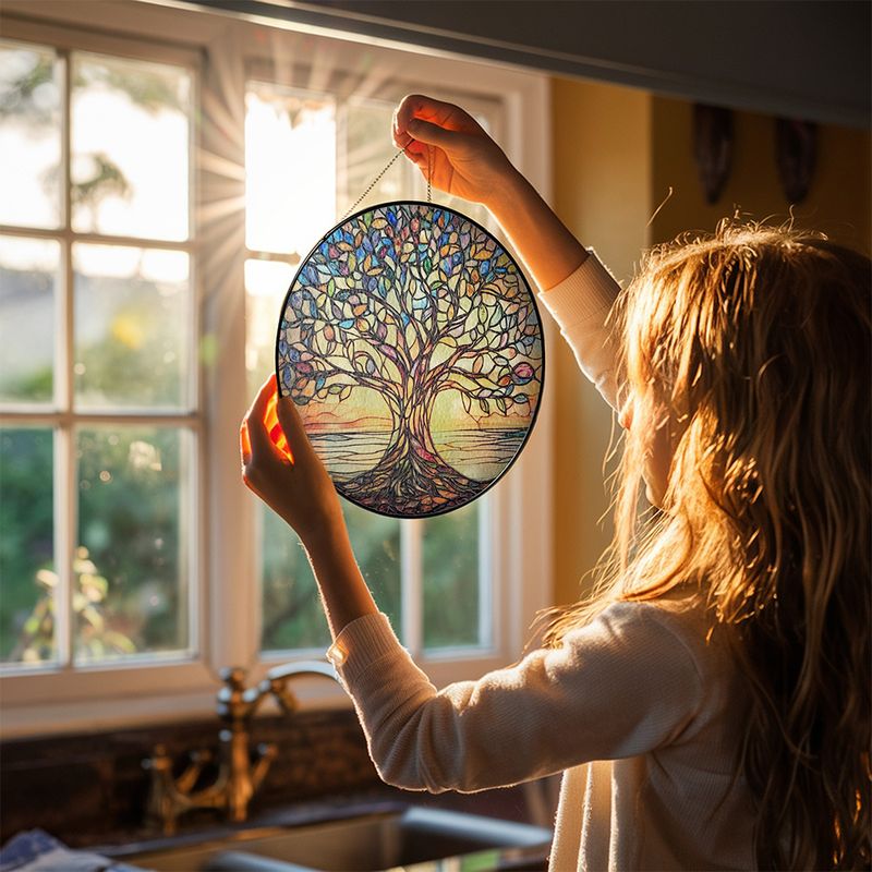 Handgemaakte Glas-in-Lood Levensboom Zonnevanger 15cm – Decoratieve Raamhanger met Symboliek