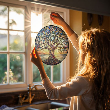 Handgemaakte Glas-in-Lood Levensboom Zonnevanger 15cm – Decoratieve Raamhanger met Symboliek