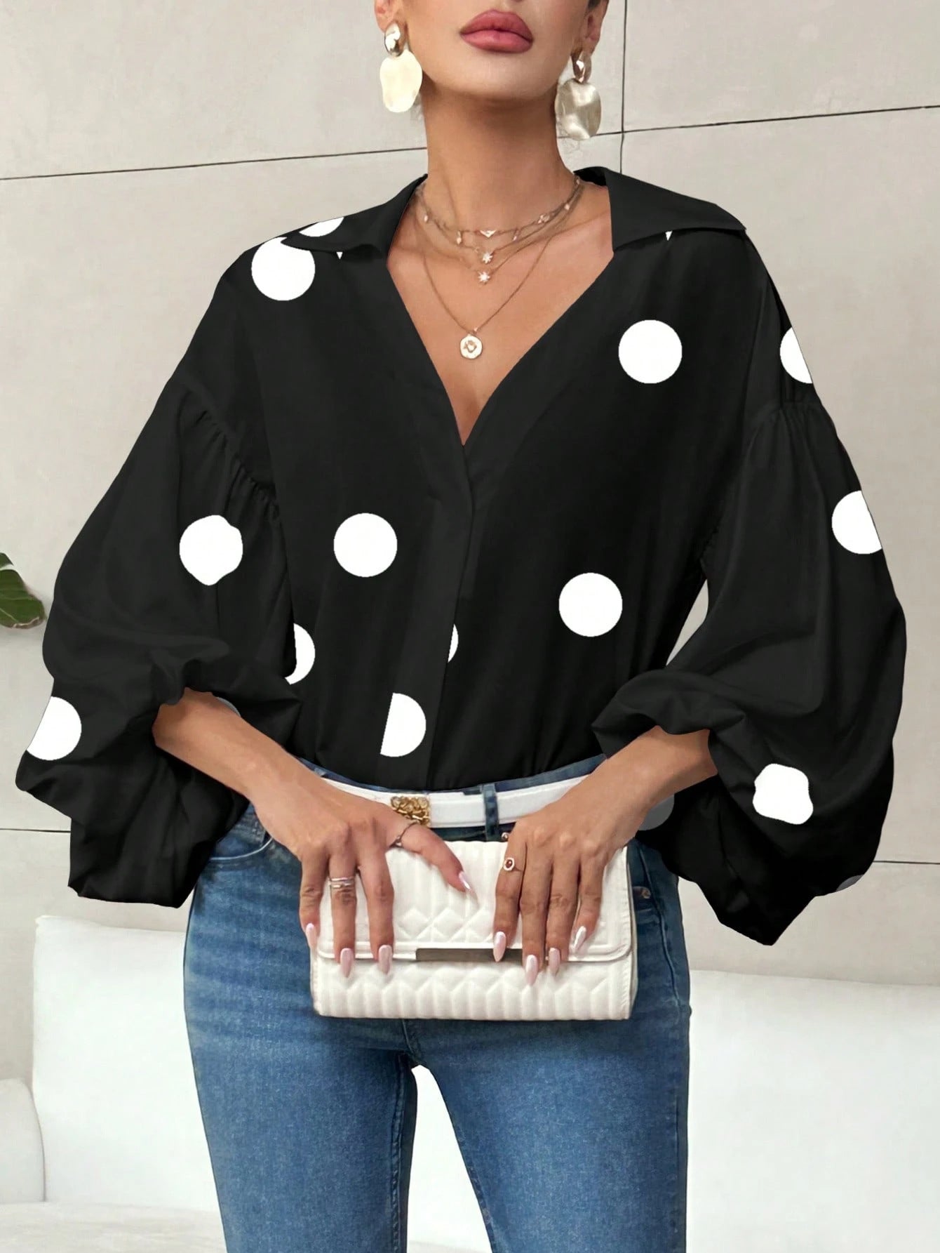 Dames Blouse Grote Polka Dot met Wijd Mouwen
