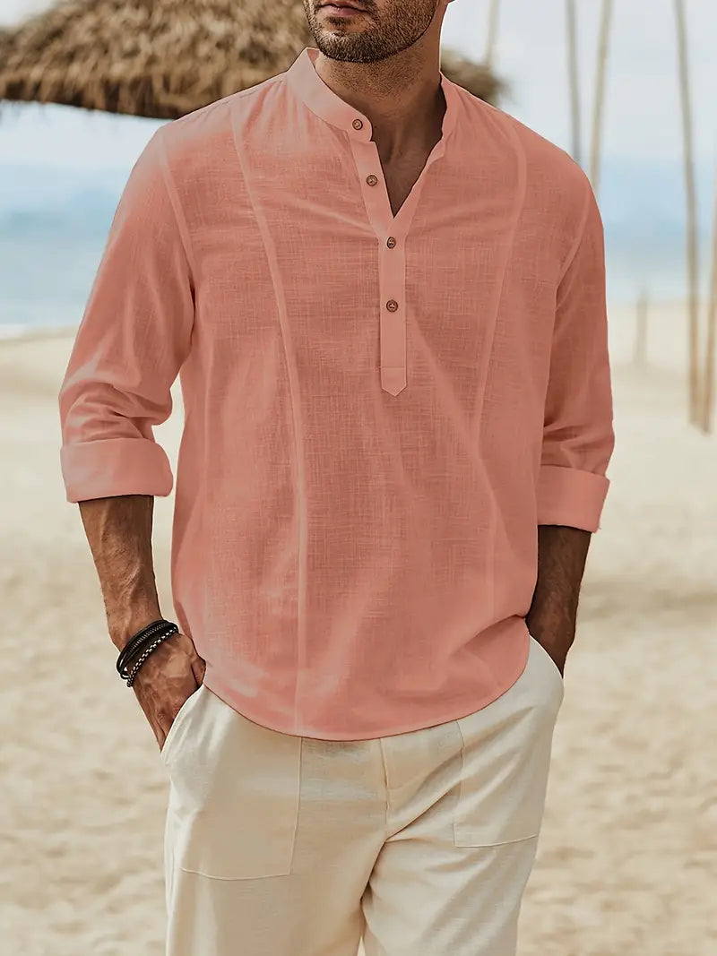 Strandshirt Lichtblauw Relaxed Fit met Staande Kraag