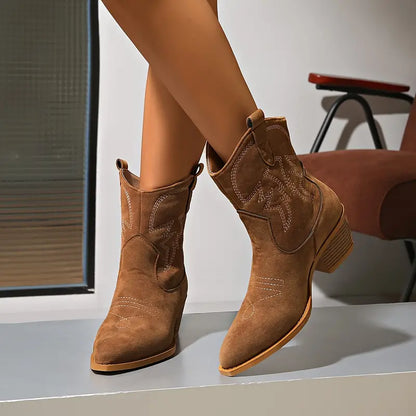 Rode Leer Laarzen voor Vrouwen Geborduurd Western Stijl
