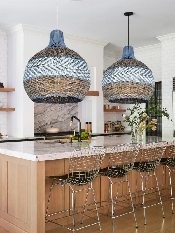 Handgeweven Rotan Hanglamp Blauw Vintage Kap Eetkamer Keuken Woonkamer Scandinavisch Lichtarmatuur