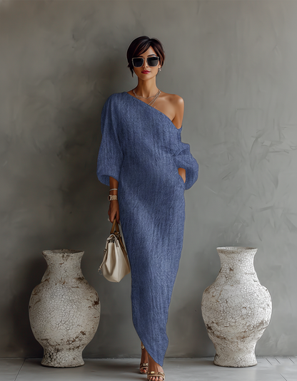 Dames Linnen Jurk Off-shoulder Stijl