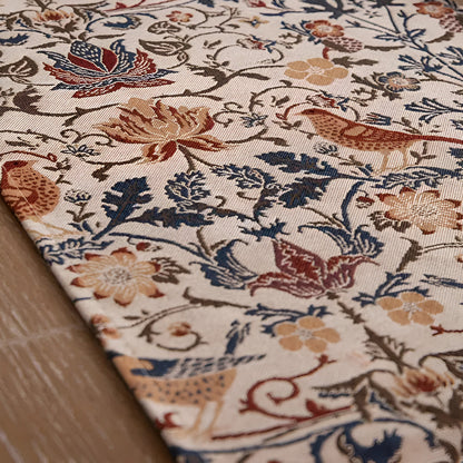 Vintage Jacquard Tafelloper met Vogel & Bloemmotief – Landelijke Elegantie met Kwastjes