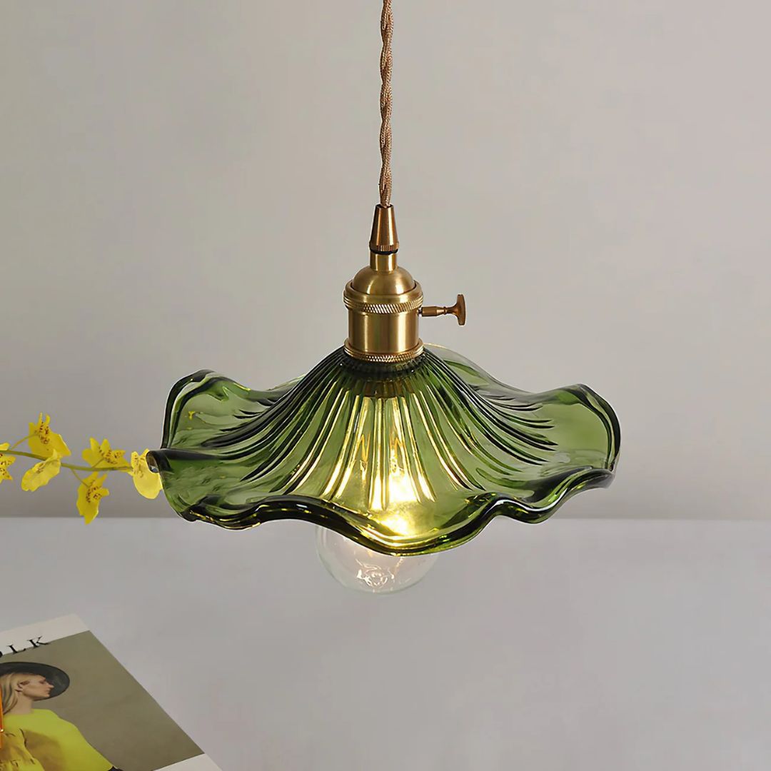 Hanglamp Glas E27 23cm Groen Messing Bloemvorm Eettafel Slaapkamer Retro Verlichting Vintage Hanglamp