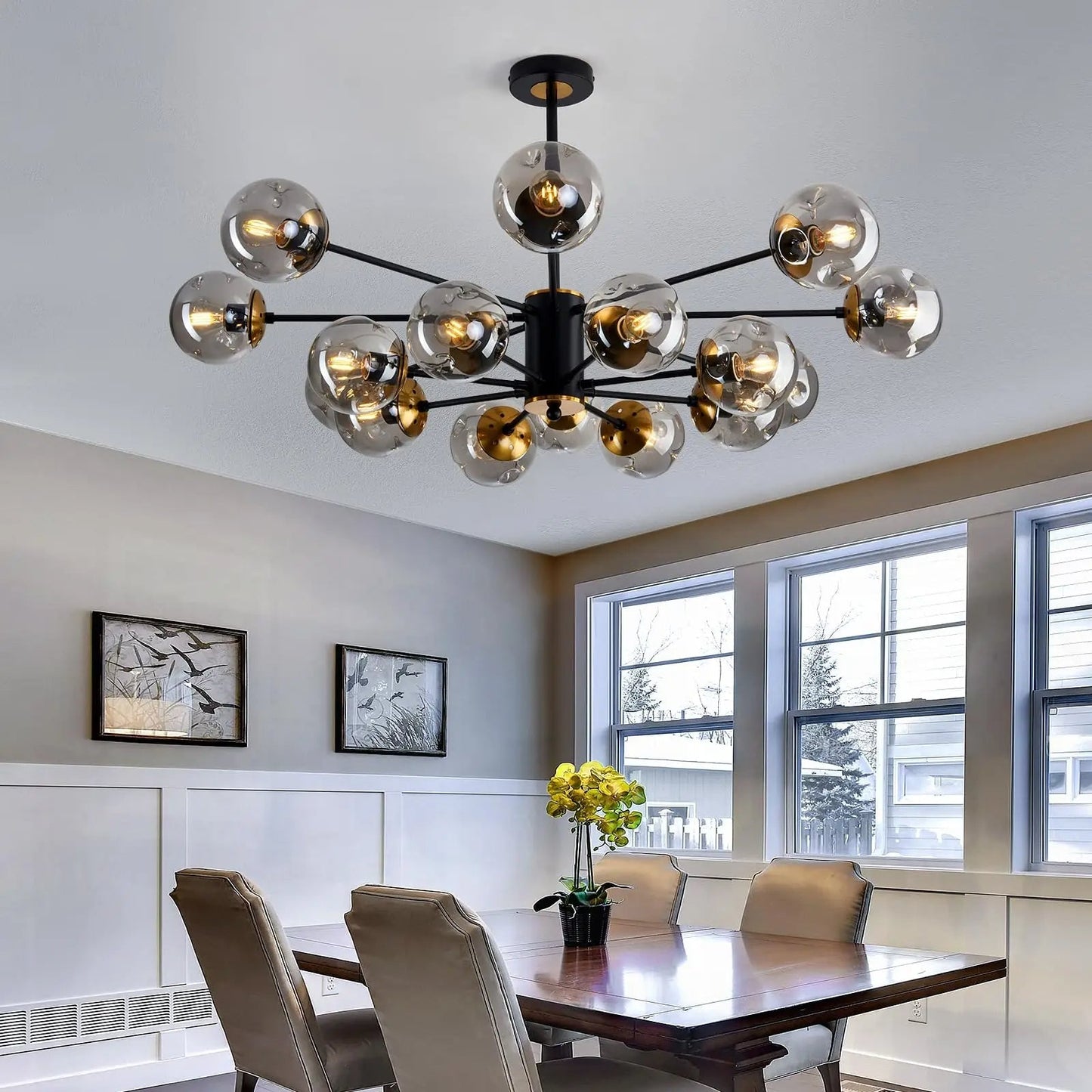 Scandinavische kroonluchter Ida glas ijzer zwart woonkamer eetkamer moderne hanglamp design verlichting bolvormig