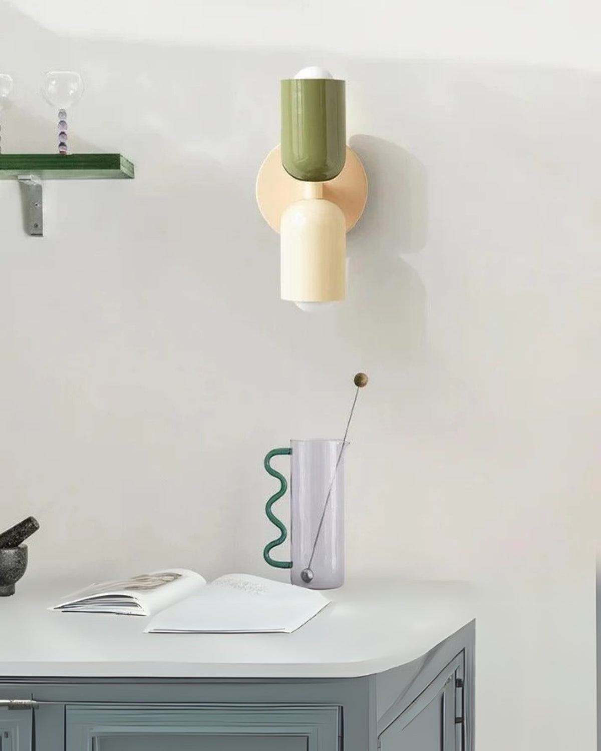 Dubbele Wandlamp met Ronde Lampenkappen – Modern Design in Groen, Beige, Rood of Roze – Sfeerverlichting voor Slaapkamer, Woonkamer en Hal