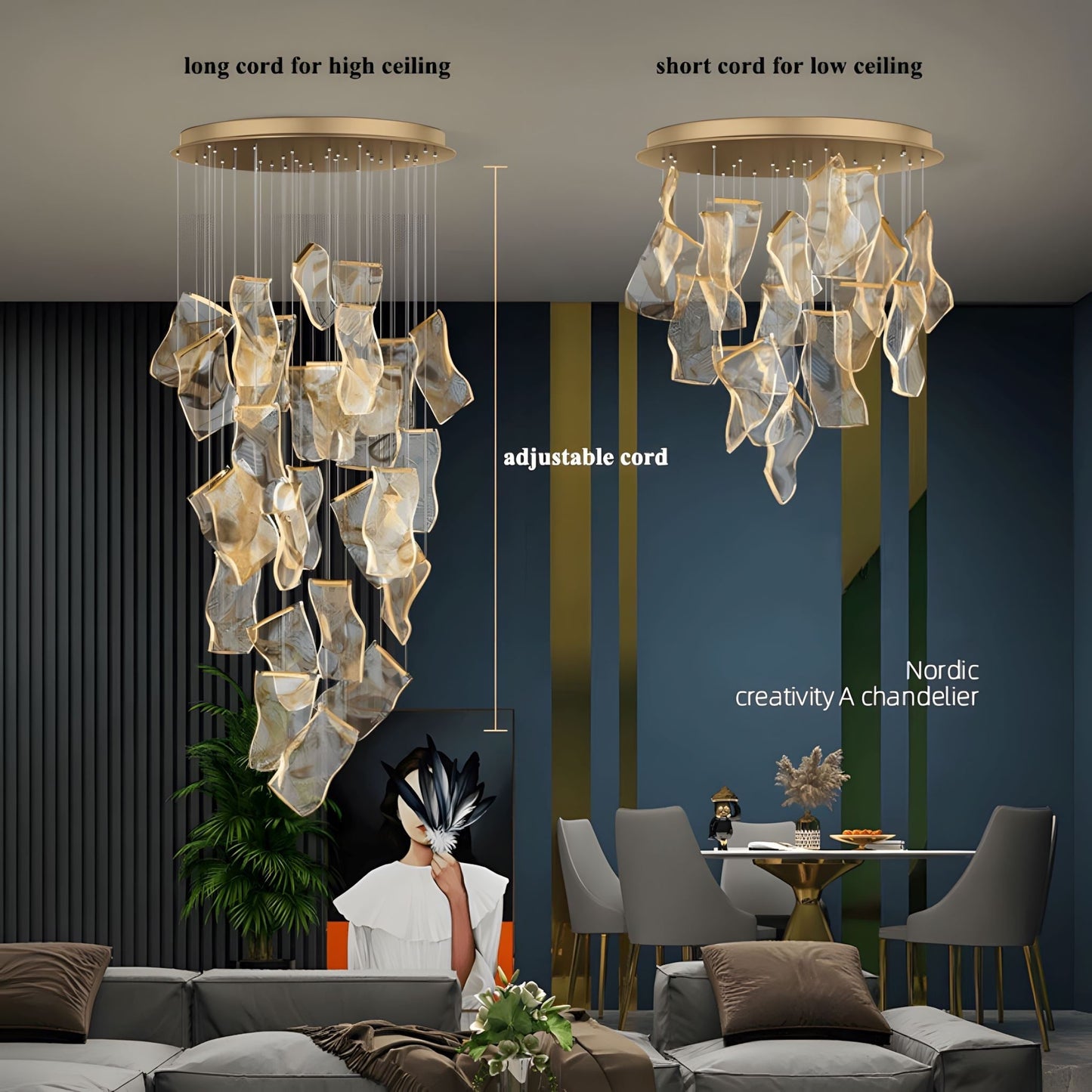 Moderne Design Kroonluchter Met Gelaagde Acryl Bladen En Verstelbare Hoogte