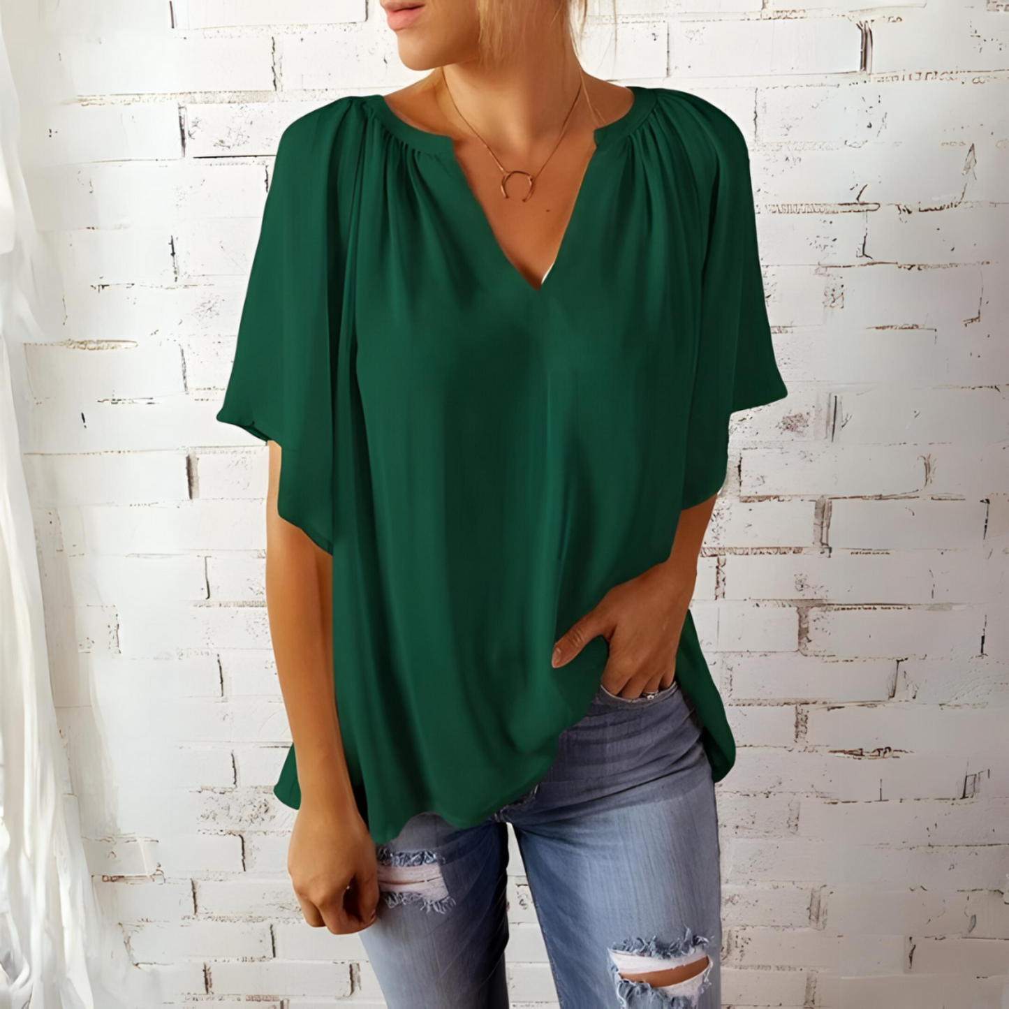 Vrouwelijke Chiffon Bloes V-Hals Korte Mouw Elegante