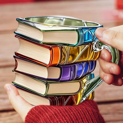 Handgemaakte 3D Boekenmok met Reliëf – Boekenliefhebber Cadeau – Dikwandig Glas – Koffie Thee Beker – Gedetailleerde Boekenruggen