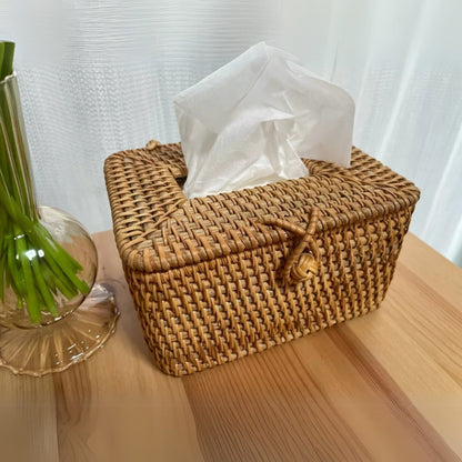 Handgevlochten Rattan Tissuebox met Deksel – Natuurlijke Opbergbox voor Tissues Woonkamer Slaapkamer Kantoor