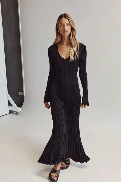 Zwarte Midi Jurk V-Hals Elegante Avondjurk