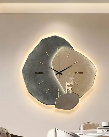 Wandklok met Maanreliëf en Optionele Verlichting Zwart Goud Betonlook Scandinavisch Interieur Decoratief Tijdweergave Woonkamer Slaapkamer Kantoor Modern Minimalistisch Wanddecoratie
