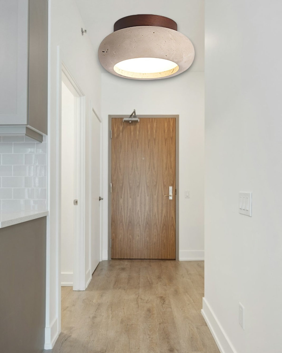 Plafondlamp acryl natuurtinten walnoot beige woonkamer slaapkamer gang warm licht diffuus elegant Scandinavisch design modern minimalisme interieur verlichting
