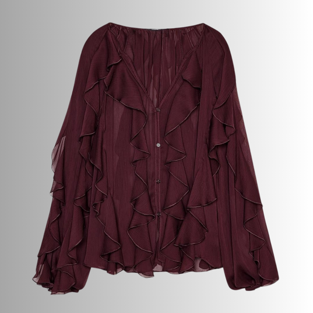 Vrouwelijke Blouse Ruches Doorzichtige Mouwen Romantisch Design