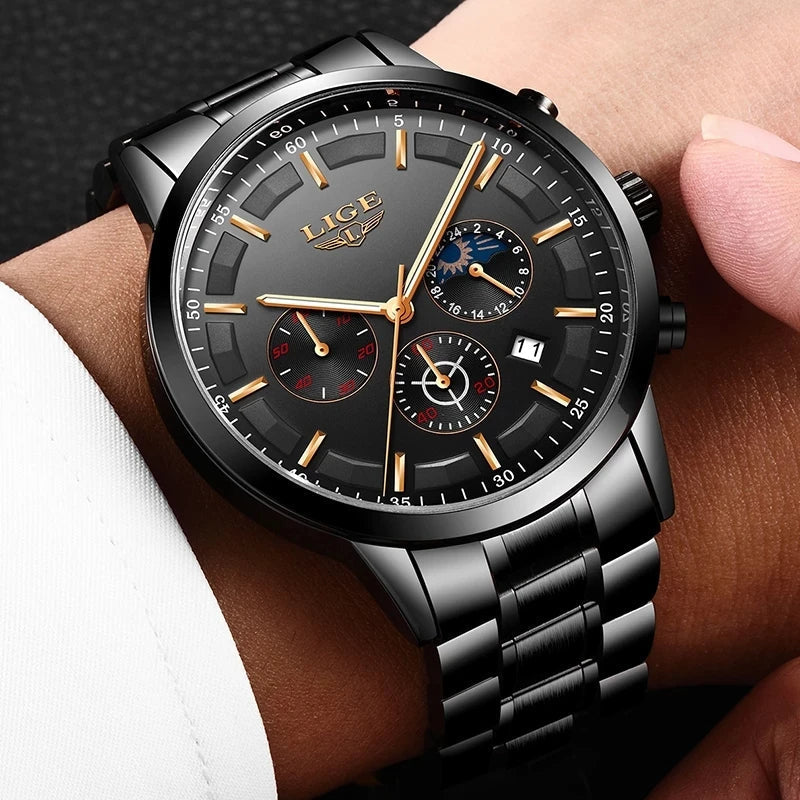 Stalen Herenhorloge Zwart – Elegant Design met Datum & Dag/Nacht – Waterdicht 30M