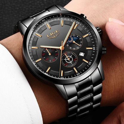 Stalen Herenhorloge Zwart – Elegant Design met Datum & Dag/Nacht – Waterdicht 30M