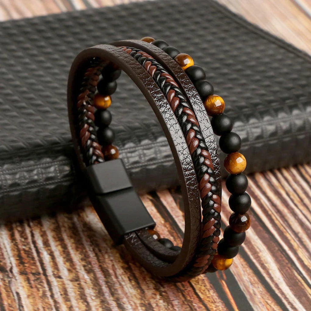 Gelaagde Leren Armband Heren Magnetische Sluiting Zinklegering Steendetails Polsband Moderne Accessoire