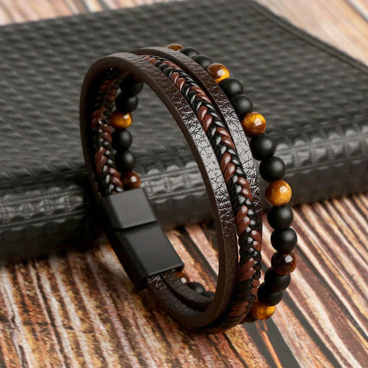 Gelaagde Leren Armband Heren Magnetische Sluiting Zinklegering Steendetails Polsband Moderne Accessoire
