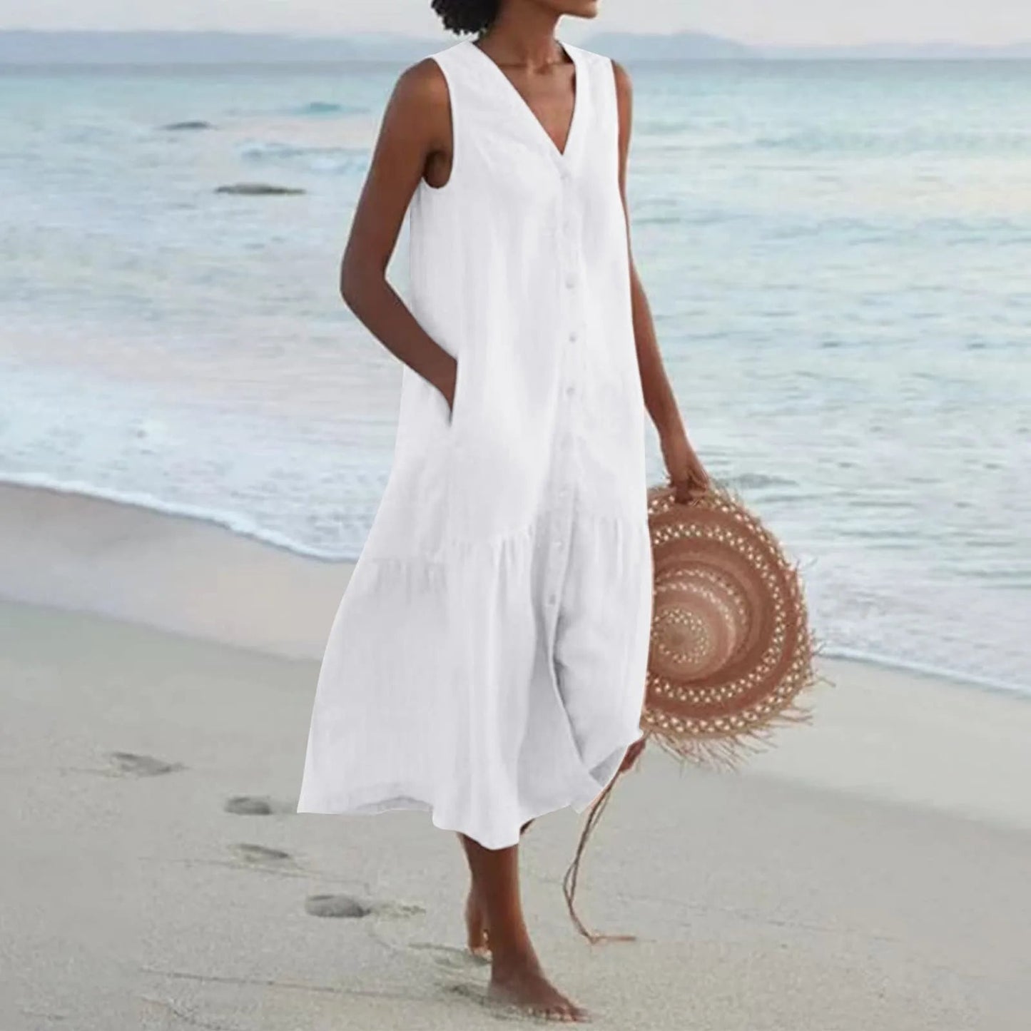 Linnen Jurk V-Hals Zomerjurk Luchtig en Stylish - StudioMarella