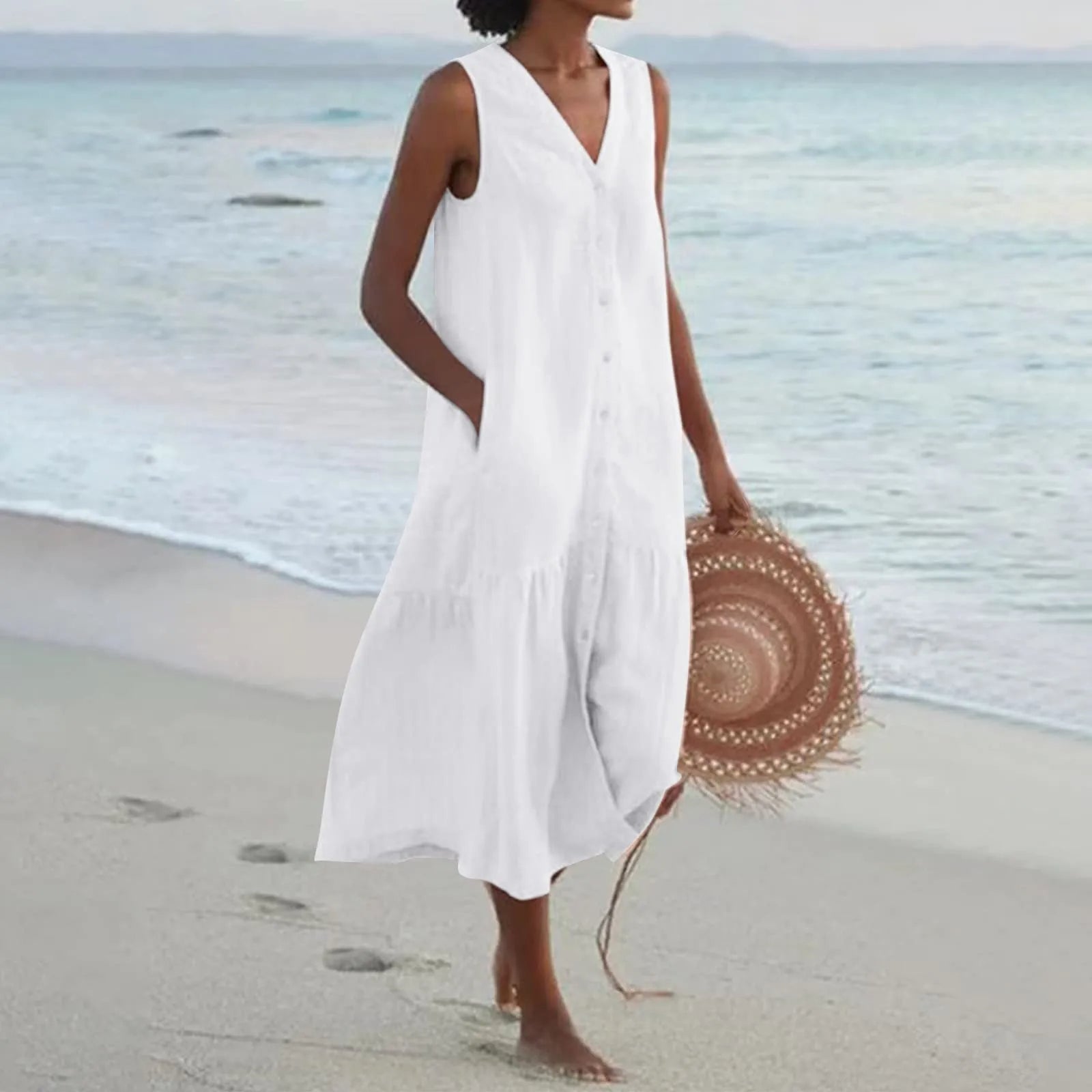 Linnen Jurk V-Hals Zomerjurk Luchtig en Stylish - StudioMarella