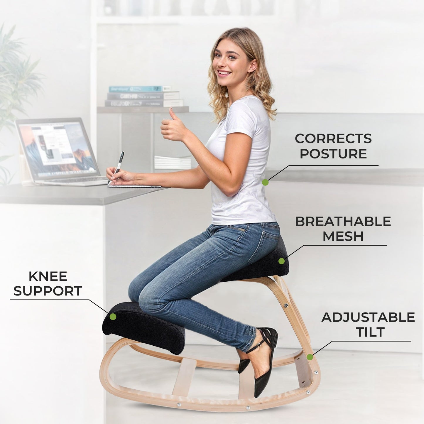 Ergonomische Houten Knielstoel met Schommelbasis en Memory Foam Kussens – Zwart Design