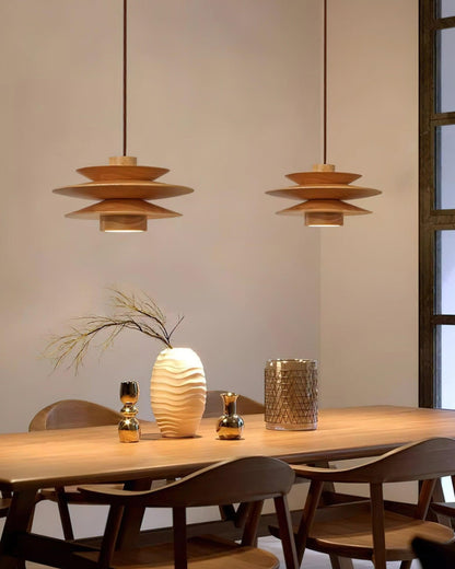 Moderne walnoot houten hanglamp met gelaagd design – stijlvolle plafondlamp voor eetkamer en woonkamer met warme lichtverspreiding