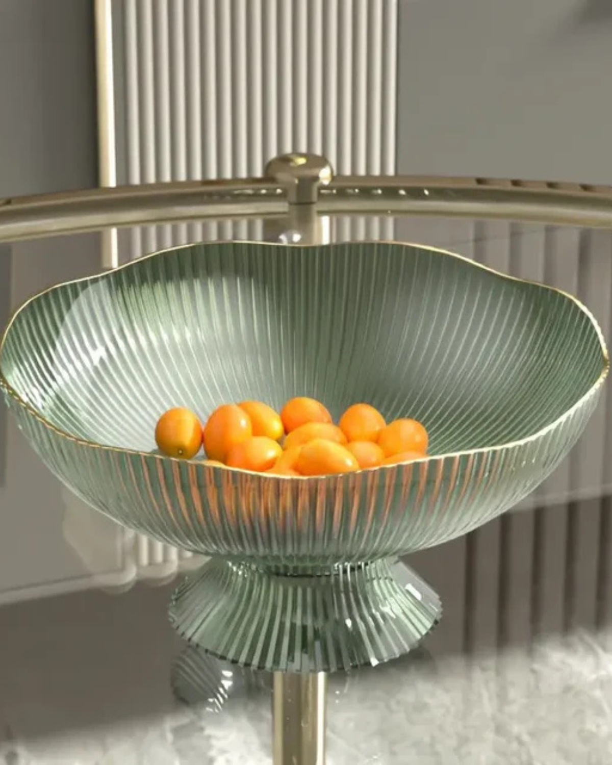 Fruitschaal op Voet met Goudrand Geribbeld Keramiek Transparant Groen Grijs voor Tafelcenterpiece Interieur