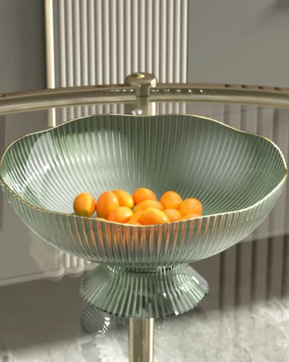 Fruitschaal op Voet met Goudrand Geribbeld Keramiek Transparant Groen Grijs voor Tafelcenterpiece Interieur