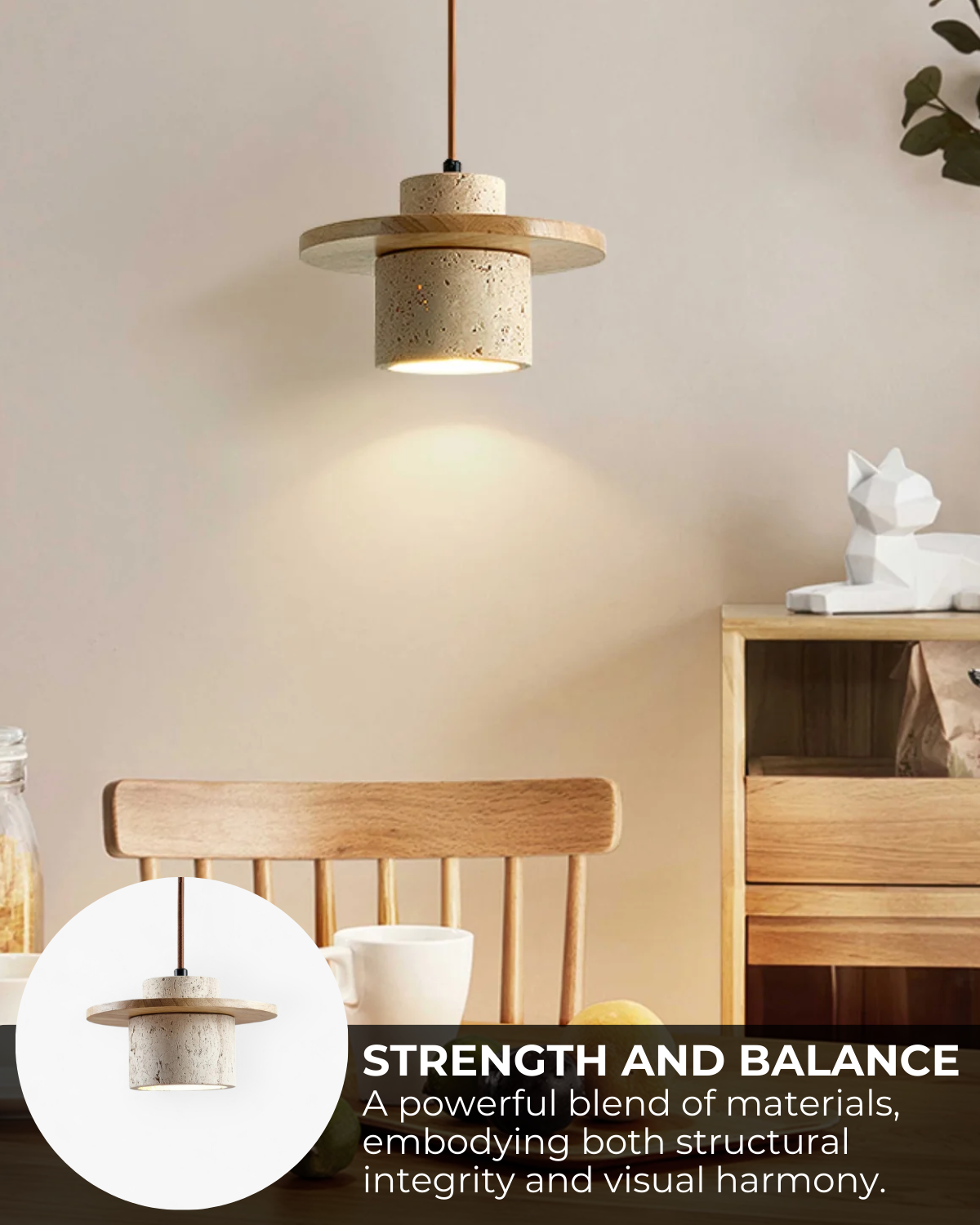 Hanglamp natuursteen travertijn met walnoot accent modern design