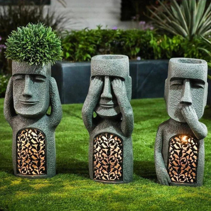 Gezicht Plantenpot met Zonne-LED Verlichting Grijs Kunstharz 25 cm Drie Wijze Apen Motief Sculptuur voor Tuin Terras Binnen en Buiten Weerbestendig Decoratief Solarpaneel Minimalistische Gezichtsvorm