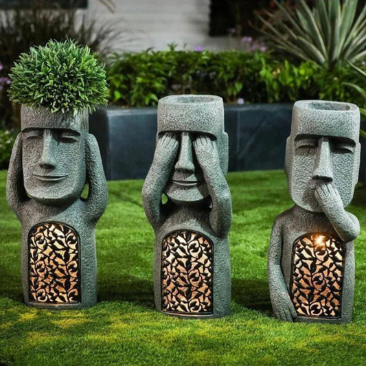 Gezicht Plantenpot met Zonne-LED Verlichting Grijs Kunstharz 25 cm Drie Wijze Apen Motief Sculptuur voor Tuin Terras Binnen en Buiten Weerbestendig Decoratief Solarpaneel Minimalistische Gezichtsvorm