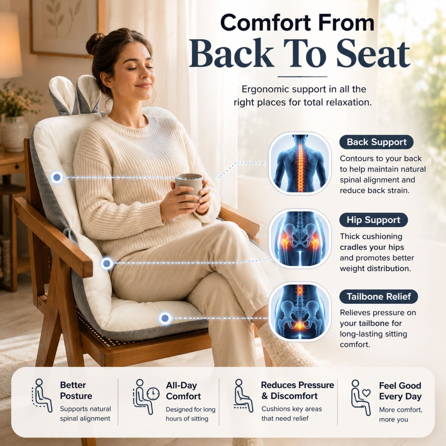 Ergonomisch Stuitkussen voor Pijnvrij Zitten – Memory Foam Zitondersteuning met Coccyx Relief