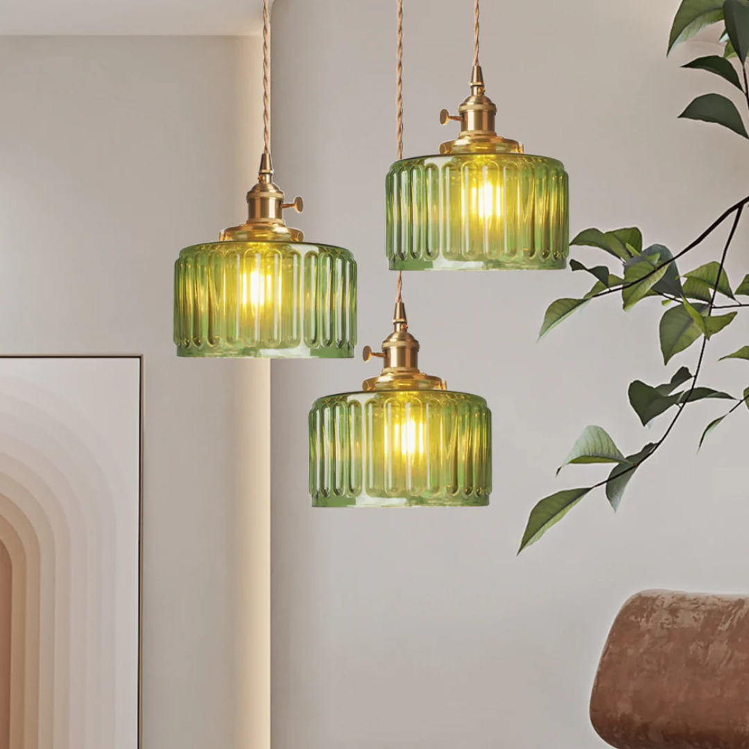 Quilivon Hanglamp Glas Messing Groen E27 Keuken Eettafel Retro Verlichting Geribbeld Glas Design
