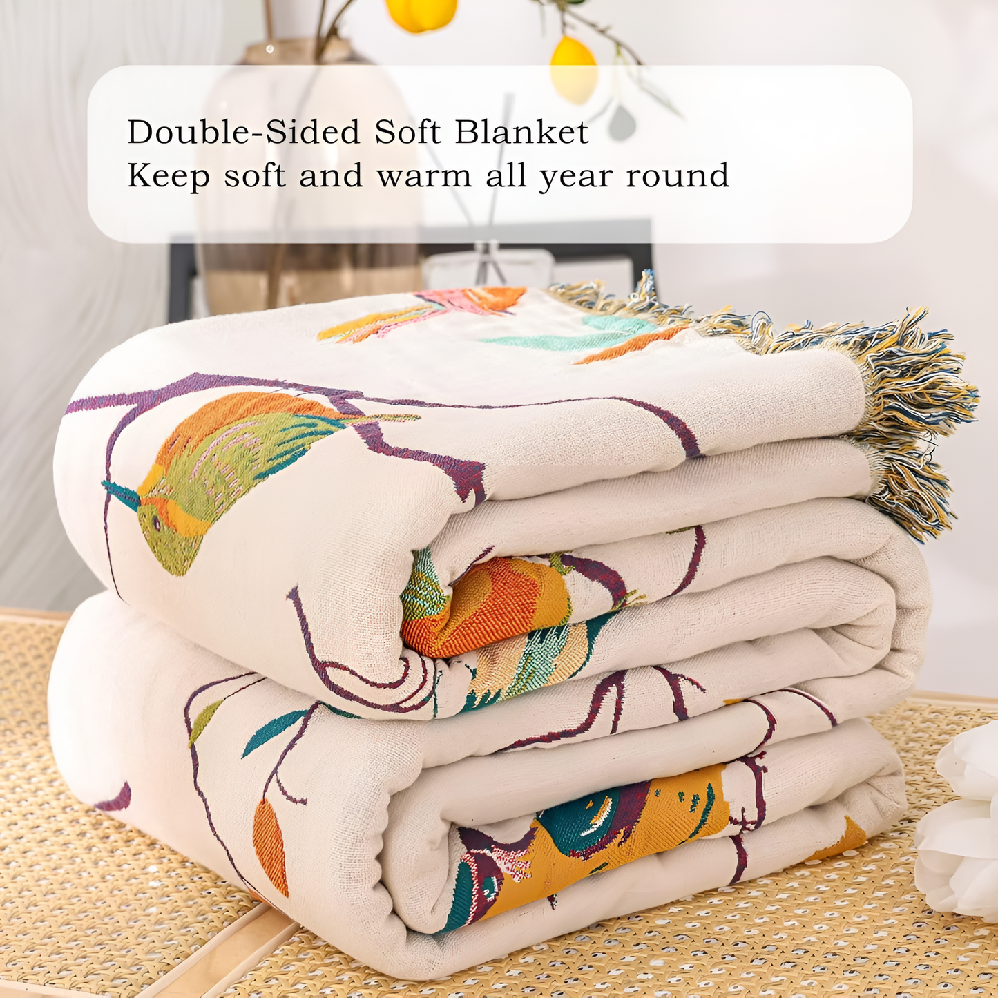 Katoenen Plaid met Vogelmotief en Kwastjes – Vintage Boho Stijl Deken voor Bank, Bed of Picknick
