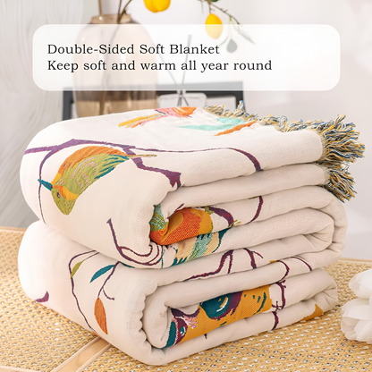 Katoenen Plaid met Vogelmotief en Kwastjes – Vintage Boho Stijl Deken voor Bank, Bed of Picknick