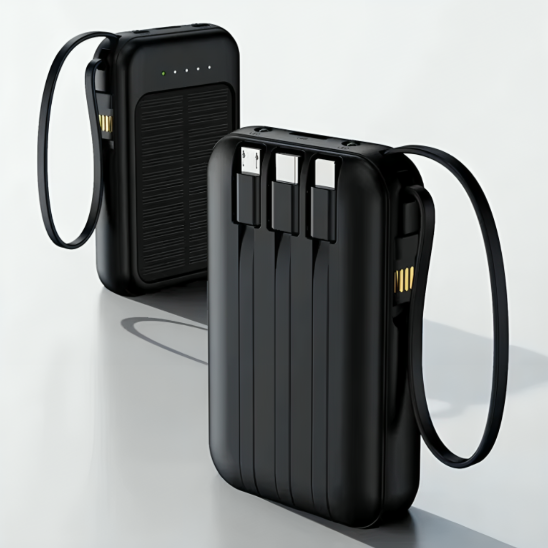 Oplaadbare Powerbank 20000mAh met Zonnepaneel, LED-Zaklamp en Ingebouwde Kabels – Draagbare Noodaccu met Dubbele USB- en Type-C-Aansluiting voor Smartphone en Tablet